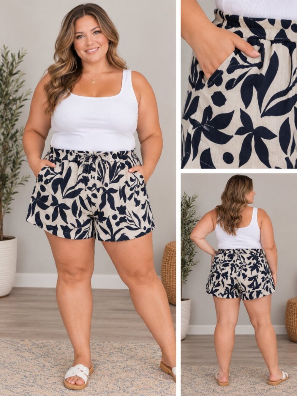 Time&Tru Swing Shorts Linen Blend Drawstring Pockets Tropical Navy White XXXL22